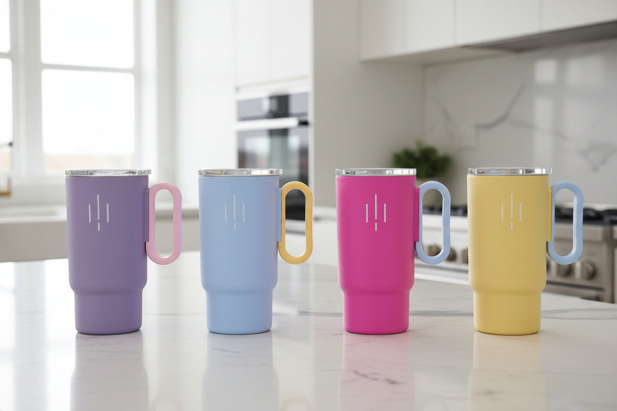 Cuatro termos tumbler pastel en fila: morado, azul, fucsia y amarillo con asas de colores contrastantes - vista frontal comparativa todos los colores