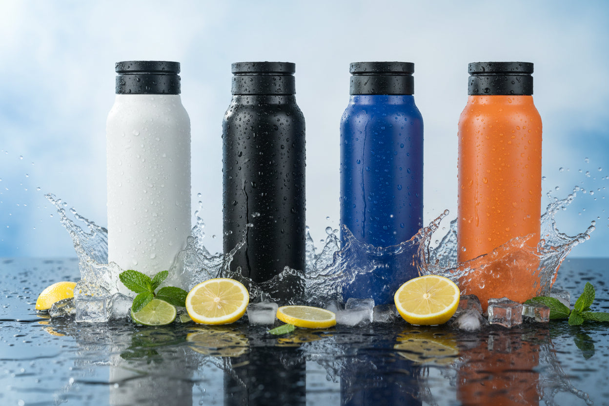 Termo isotérmico en 4 colores: blanco, negro, azul y naranja - vista comparativa