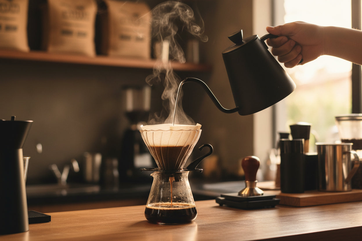 Dripper V60 vidrio borosilicato transparente con base plástico negro mate y asa tipo cisne - vista frontal tamaño grande