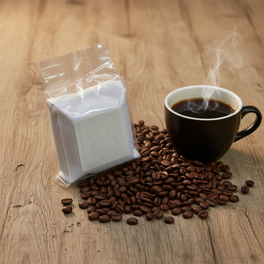 Paquete de 50 drips de café portables en bolsa zip transparente sellada - vista superior sobre mesa madera
