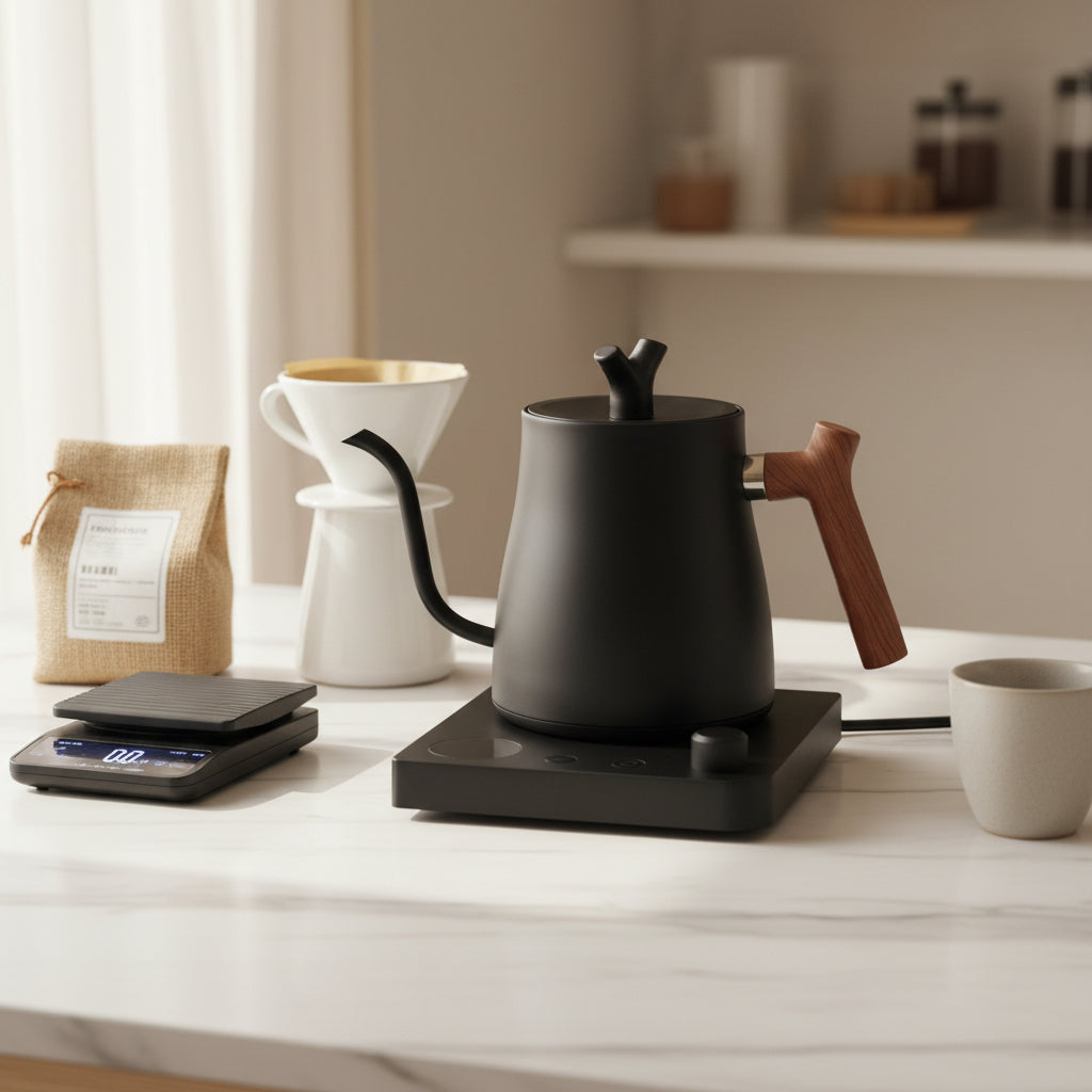 Tetera eléctrica gooseneck negra mate con mango de madera - detalle base cuadrada y perilla de temperatura