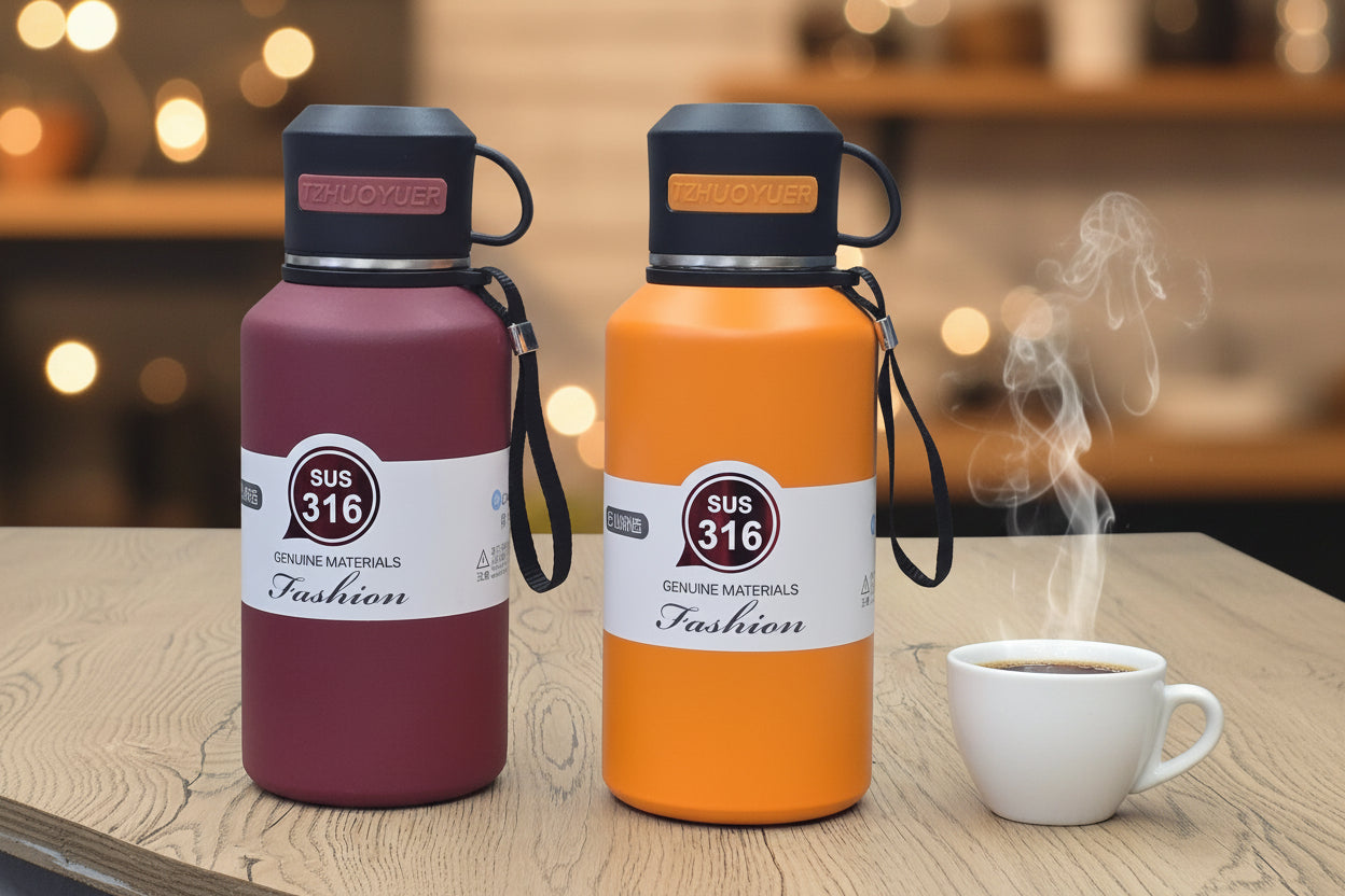 Detalle tapa roscada tipo pocillo con asa de lazo del Termo SUS 316 vino y naranja