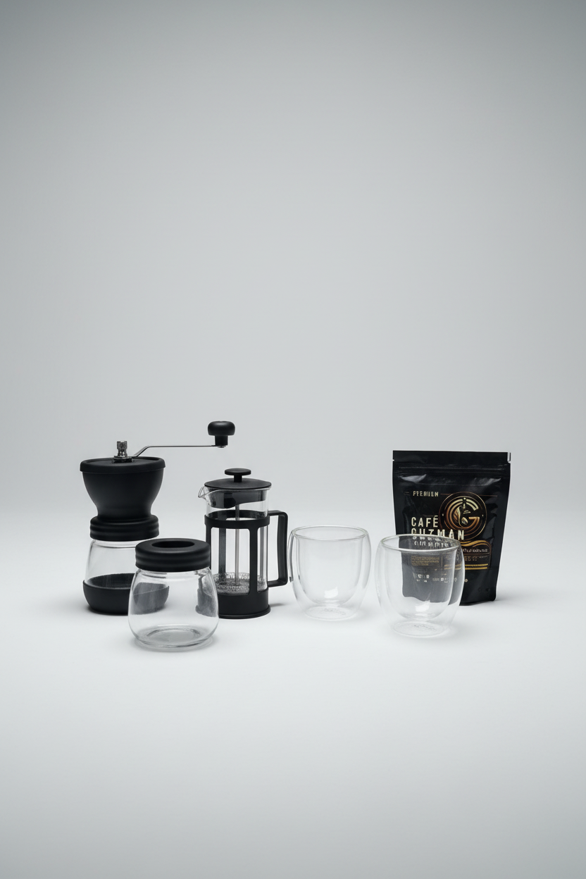 Kit Día del Padre – Prensa Francesa + Molino Manual + Vasos Borosilicato + Gratis Café Premium 125g