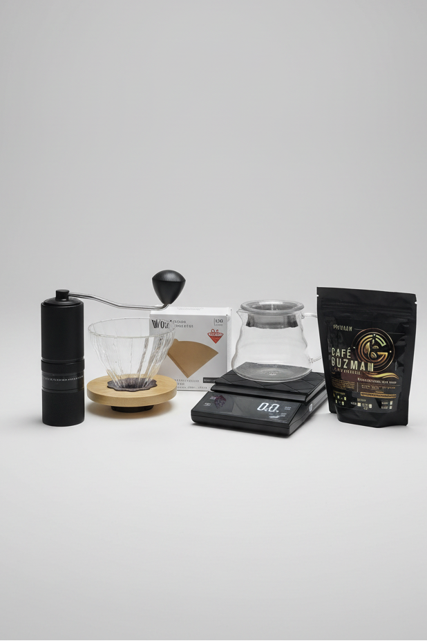 Kit Día del Padre – V60 Pro Barista + Molino Acero + Gramera Timer + Server 360ml + Filtros + Café 125g