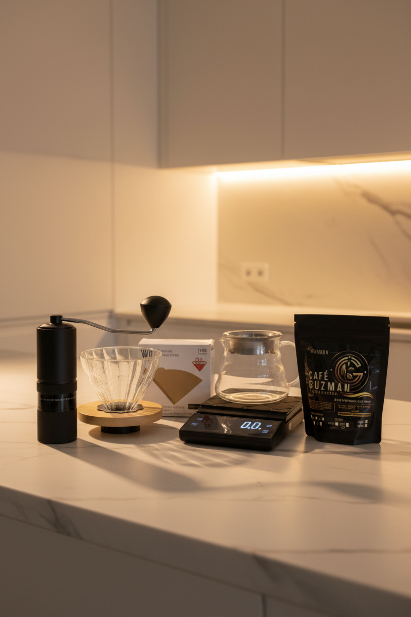 Kit Día del Padre – V60 Pro Barista + Molino Acero + Gramera Timer + Server 360ml + Filtros + Café 125g