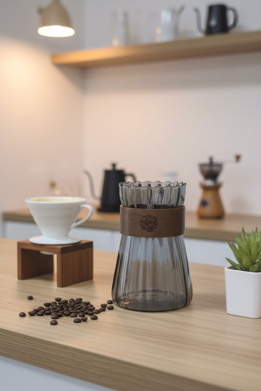 Server de vidrio ahumado con banda de madera grabada para café de especialidad