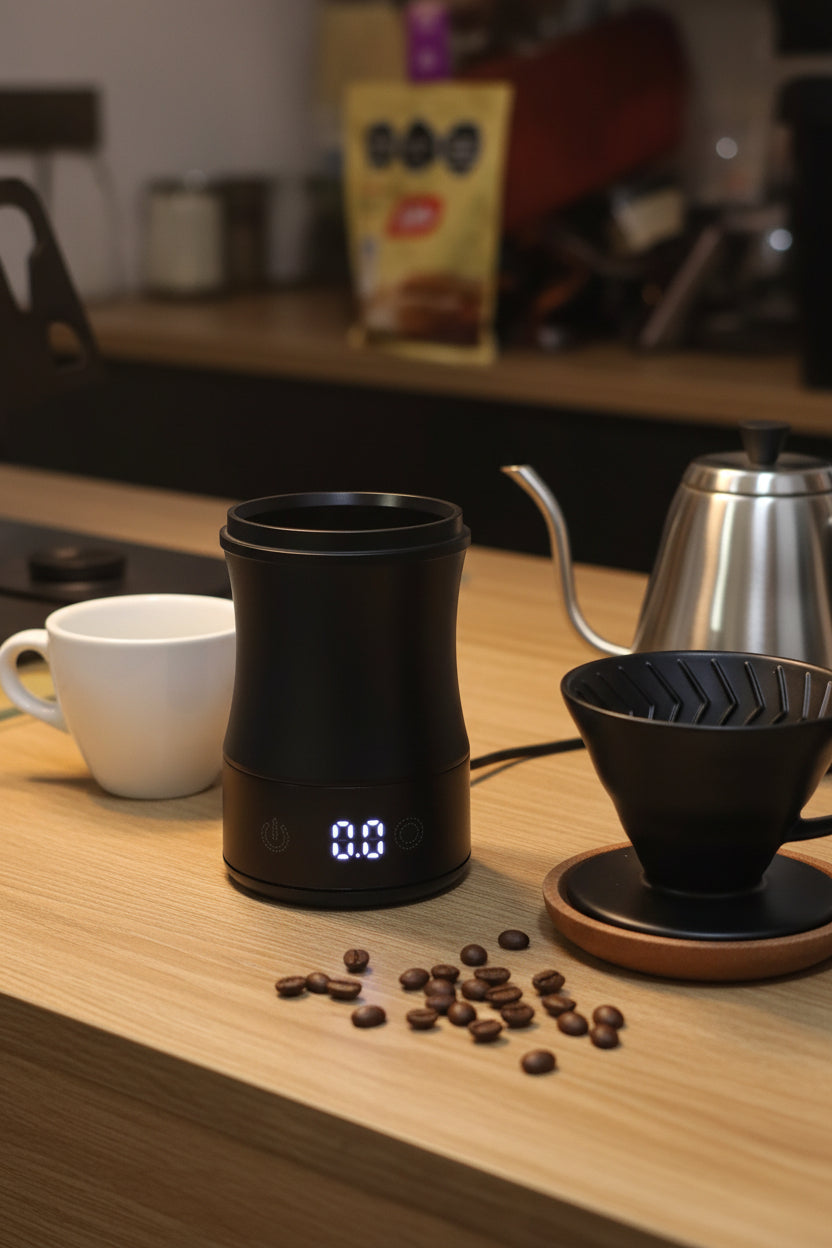 Gramera digital recargable negra con pantalla LED azul y dígitos encendidos