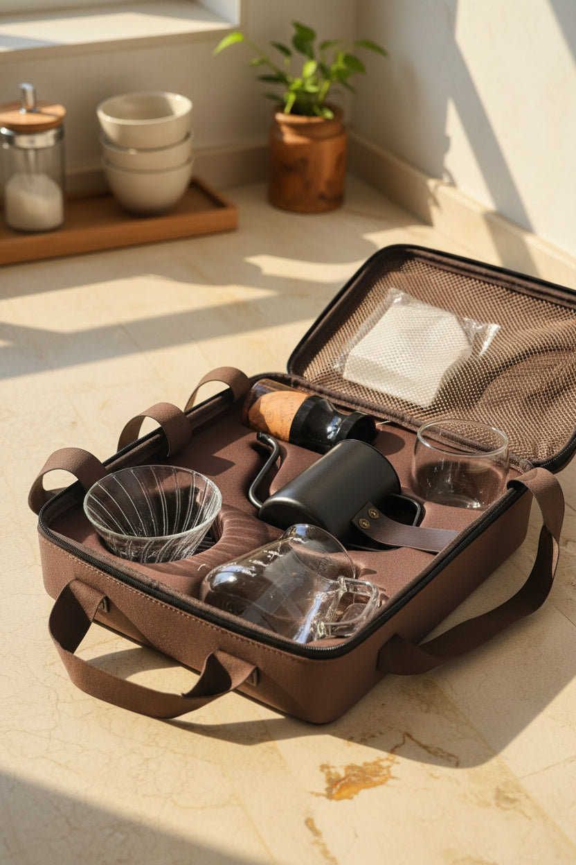Maletín abierto con accesorios de café V60: embudo, filtros y utensilios