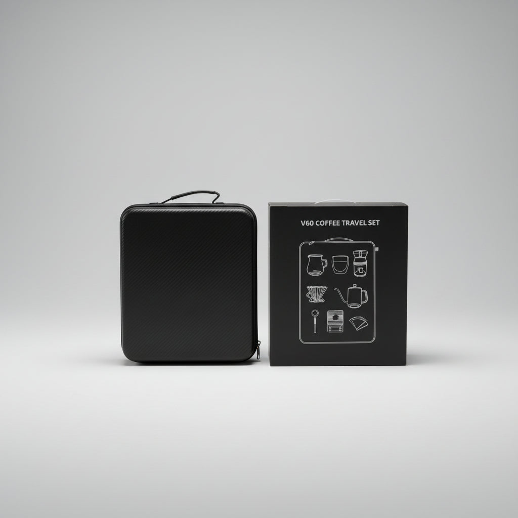 Maletín de viaje negro con kit V60 y accesorios de café en caja