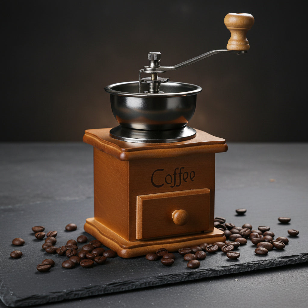 Moledor de Café Manual Vintage | Base Cerámica Blanca y Madera Natural