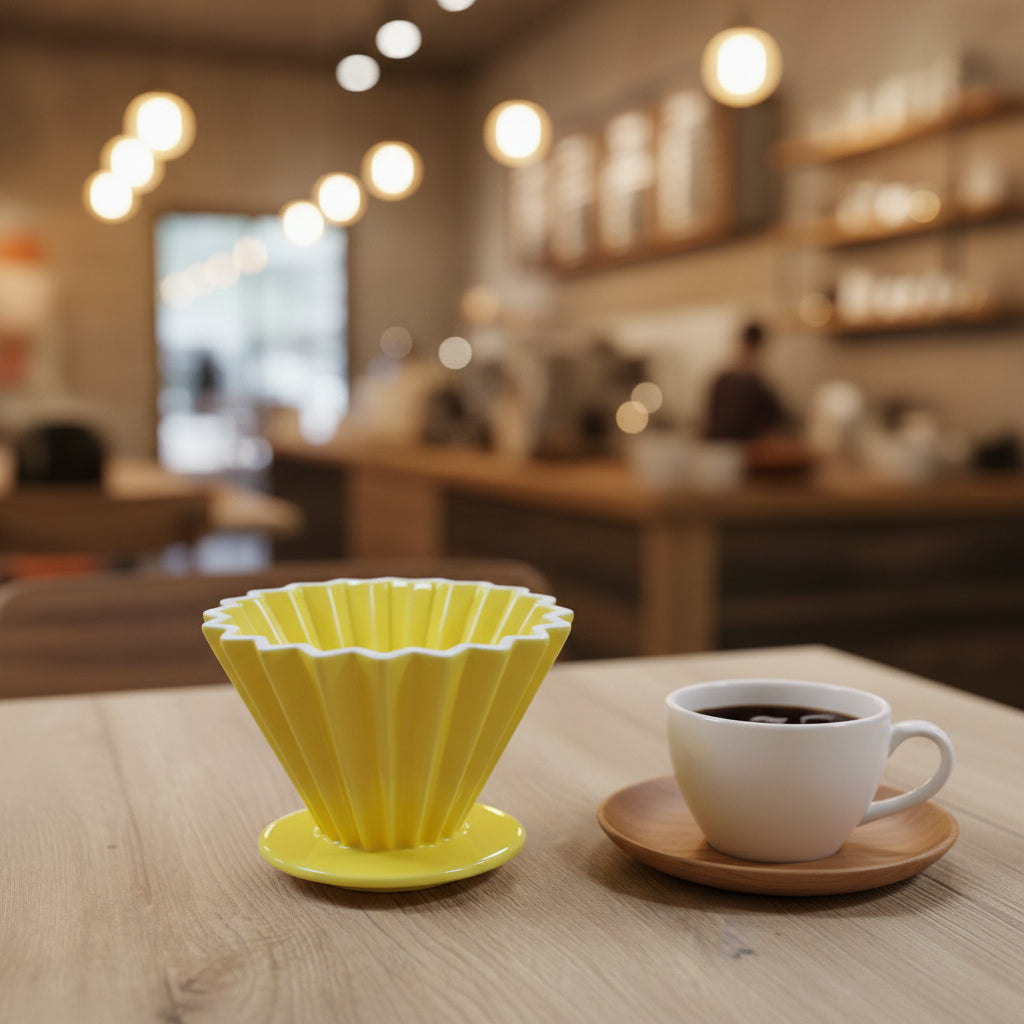 Dripper origami cerámica amarillo mostaza con borde blanco ondulado y orificio metálico central - vista superior