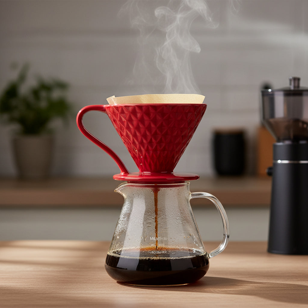 Comparativa Dripper V60 cerámica negro brillante y rojo brillante juntos - vista frontal mostrando diferencia de colores