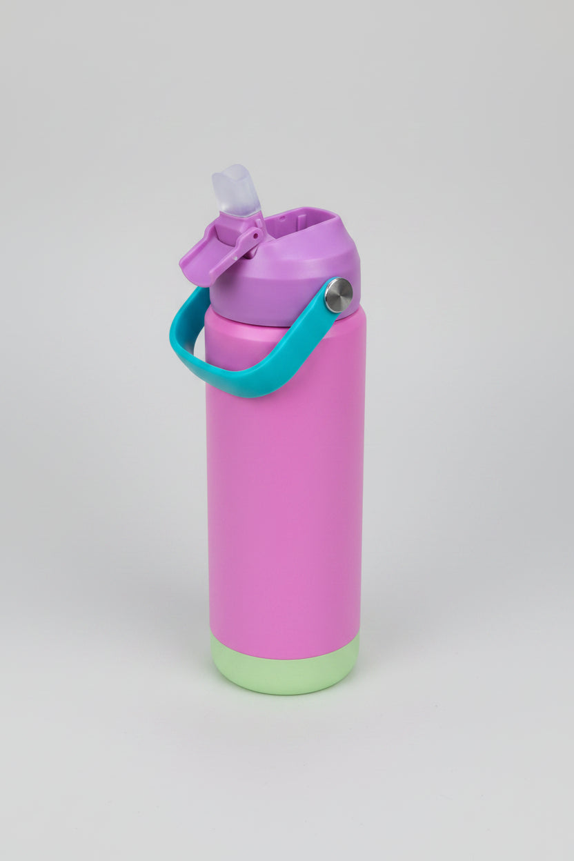 Termo infantil rosado/lila con tapa flip abierta y pitillo integrado - detalle superior