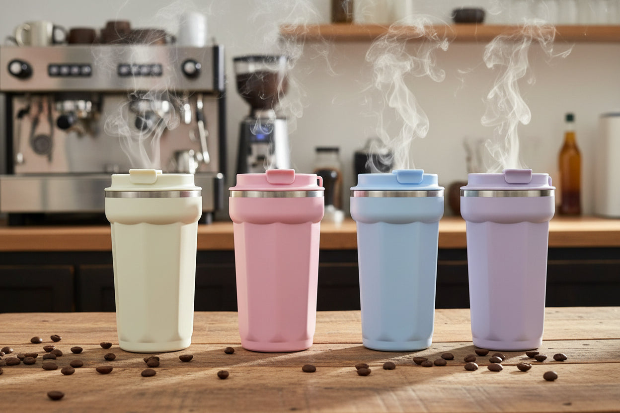 Vaso térmico pastel en 4 colores: beige, rosado, azul y lila - vista comparativa sobre mesa