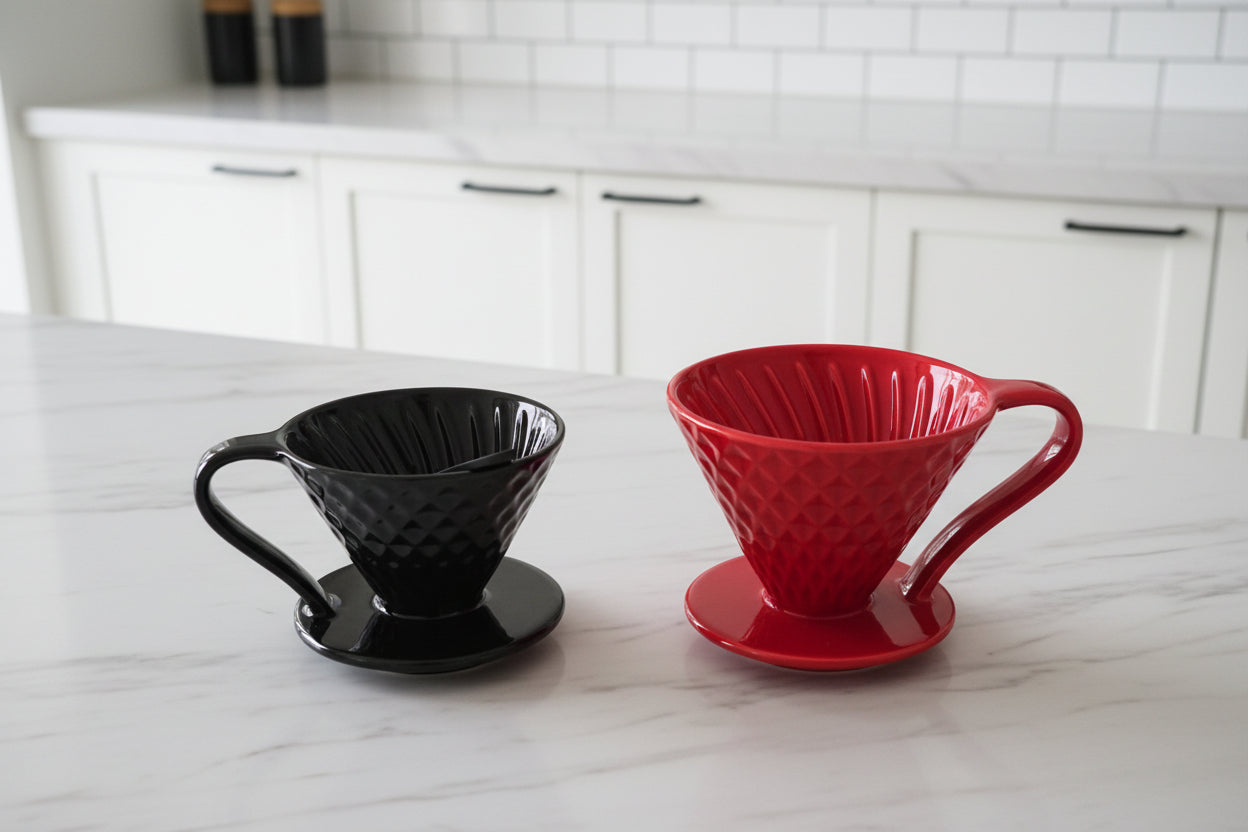 Dripper V60 cerámica negro brillante con cuchara medidora negra - vista tres cuartos frontal lateral