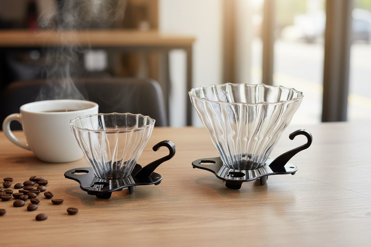 Dos drippers V60 borosilicato tamaño pequeño y grande sobre mesa - vista comparativa frontal tamaños