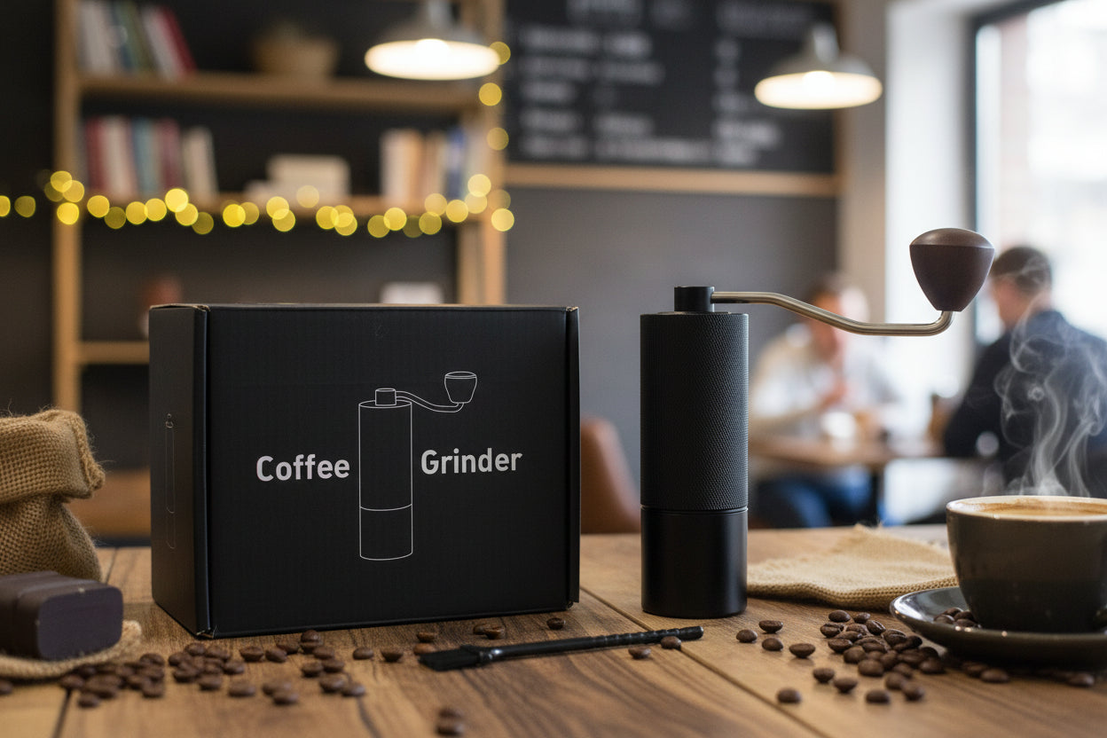 Molino de café manual negro mate con caja regalo negra y brocha de limpieza - vista frontal sobre mesa