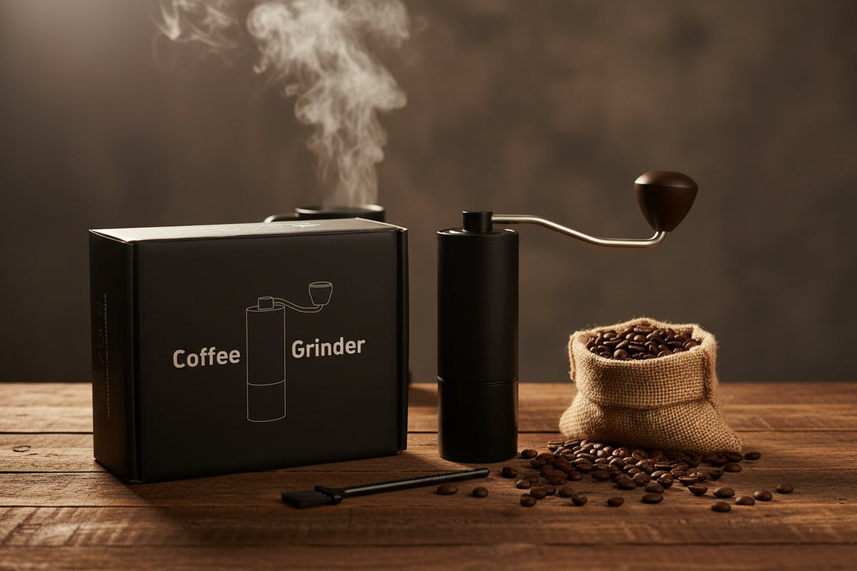 Set completo molino de café manual negro mate con caja regalo, brocha de limpieza y molino ensamblado - vista general
