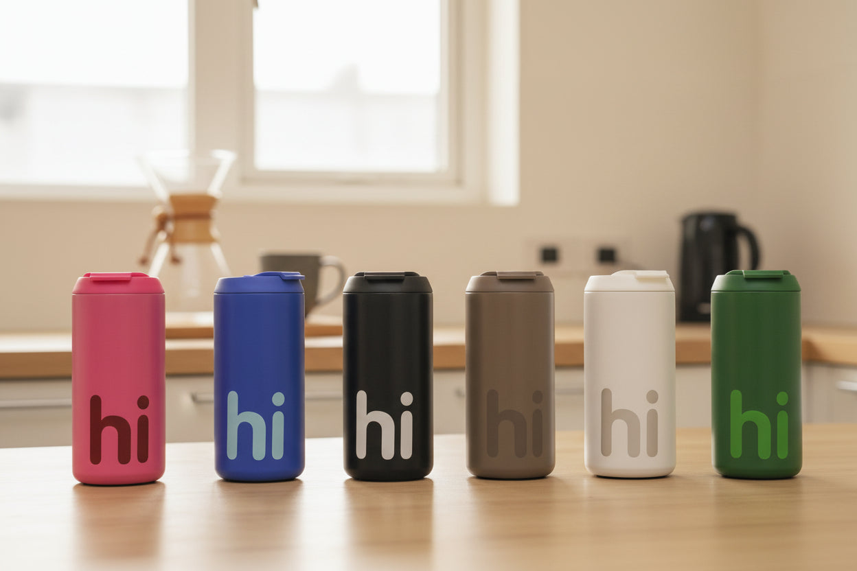 Vaso térmico Hi en 6 colores: rosado, azul, negro, marrón, blanco y verde - vista comparativa