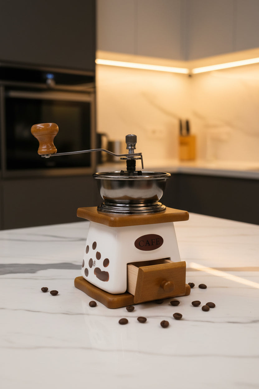 Moledor de Café Manual Vintage | Base Cerámica Blanca y Madera Natural