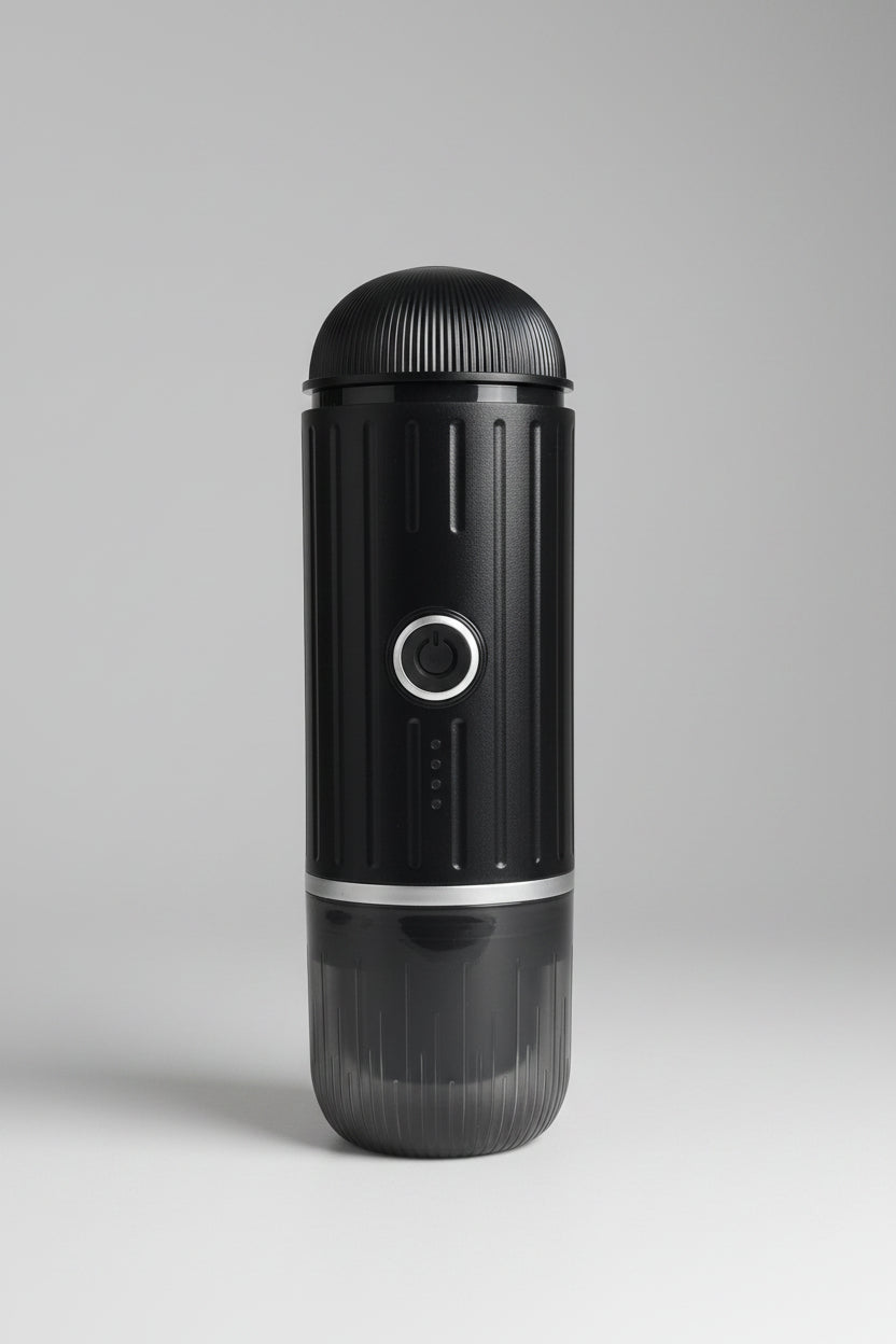 Máquina de espresso portátil negra - vista lateral con indicadores LED