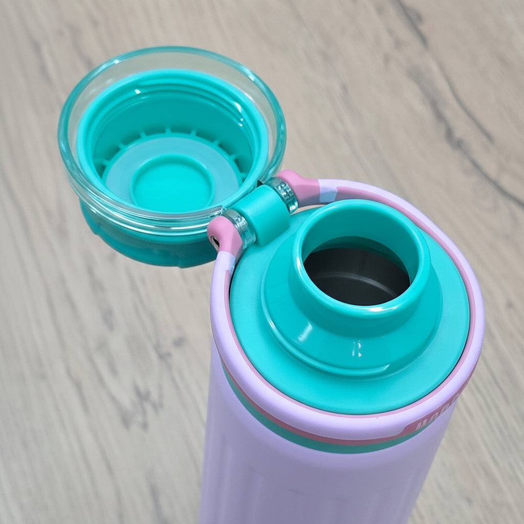 Detalle tapa flip-top abierta de la botella térmica Handle rosada - vista superior boca ancha
