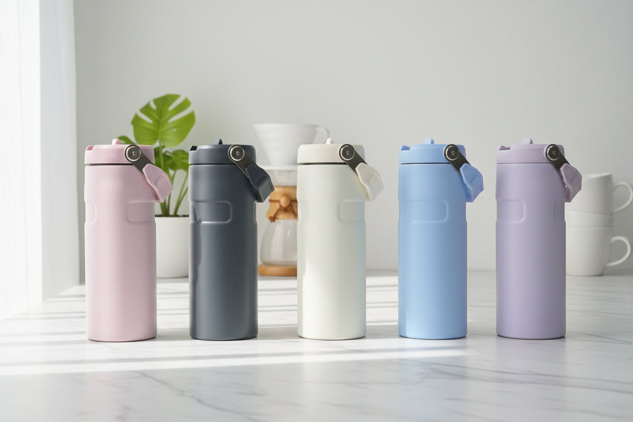 Termo IceFlow Flip Straw Tumbler en 5 colores mate: rosado, gris oscuro, blanco, azul cielo y lila - vista comparativa