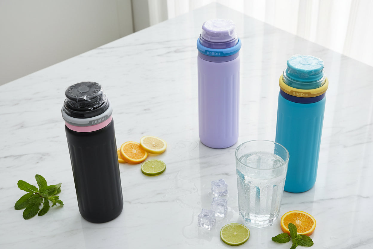 Botella térmica Handle en 4 colores: negro, rosado claro, lila y azul cielo - vista comparativa
