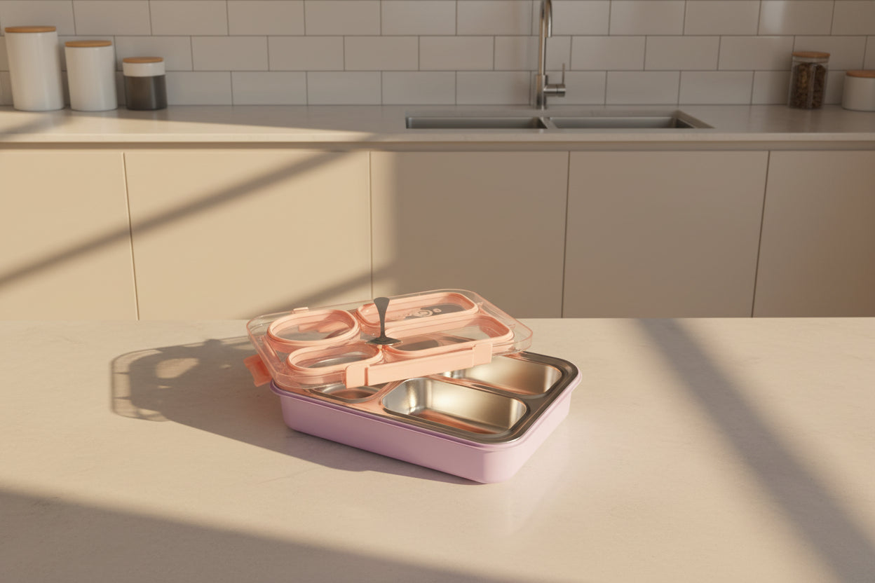 Lonchera Bento Box 4 Divisiones: Portacomidas Hermético para Oficina & Colegio