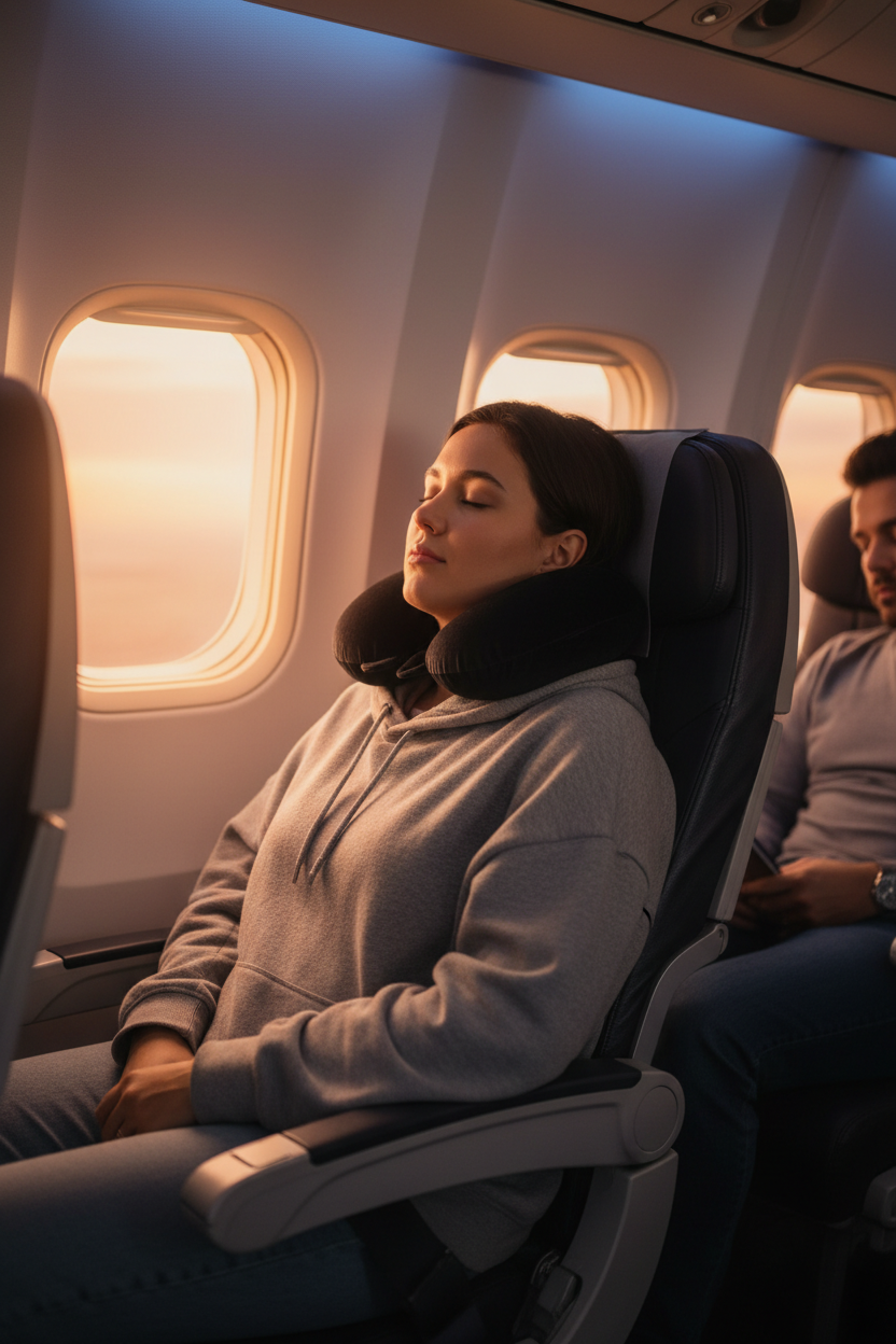 Almohada cervical negra en asiento de avión, colocada bajo la cabeza