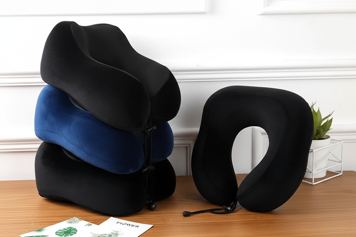 Almohada cervical de viaje negra y azul apiladas, con correa de ajuste