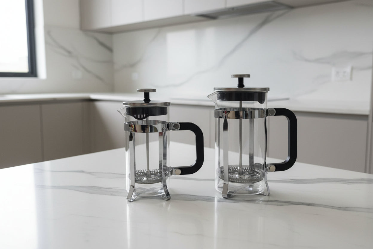 Prensas francesas de lujo borosilicato acero cromado tamaño pequeño y grande - vista lateral mostrando estructura completa