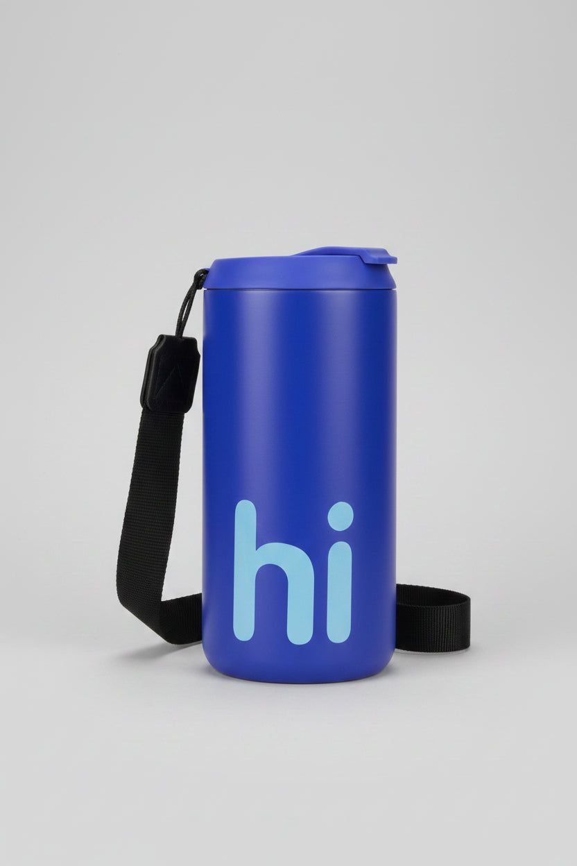 Vaso térmico Hi azul cobalto con correa de muñeca negra - vista lateral
