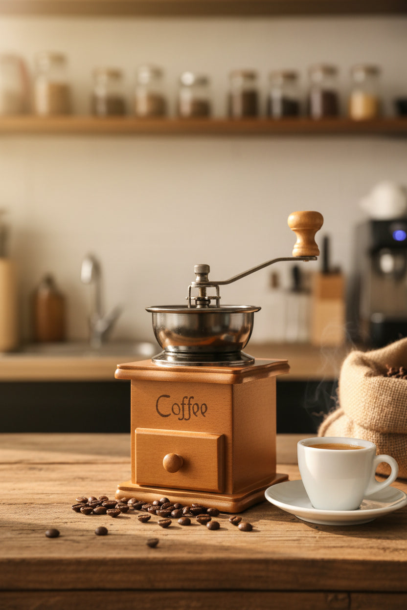 Moledor de Café Manual Vintage | Base Cerámica Blanca y Madera Natural