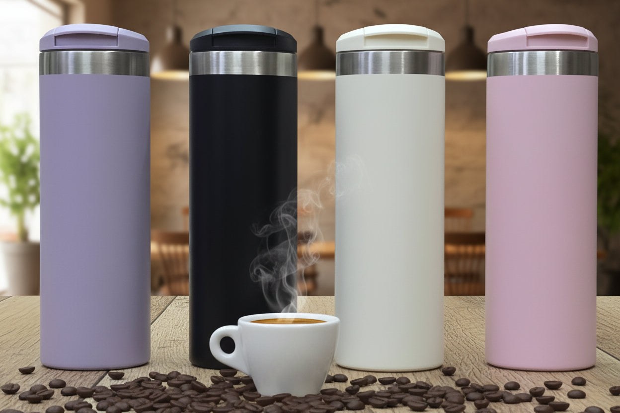 Termo slim en 4 colores mate: lila, negro, blanco crema y rosado - vista comparativa