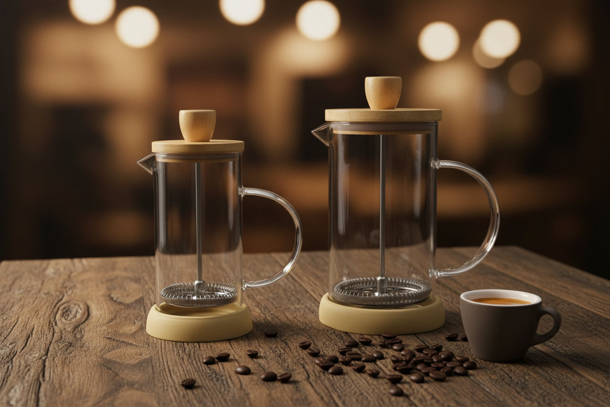Dos prensas francesas eco bambú borosilicato tamaño pequeño y grande sobre mesa - vista frontal comparativa