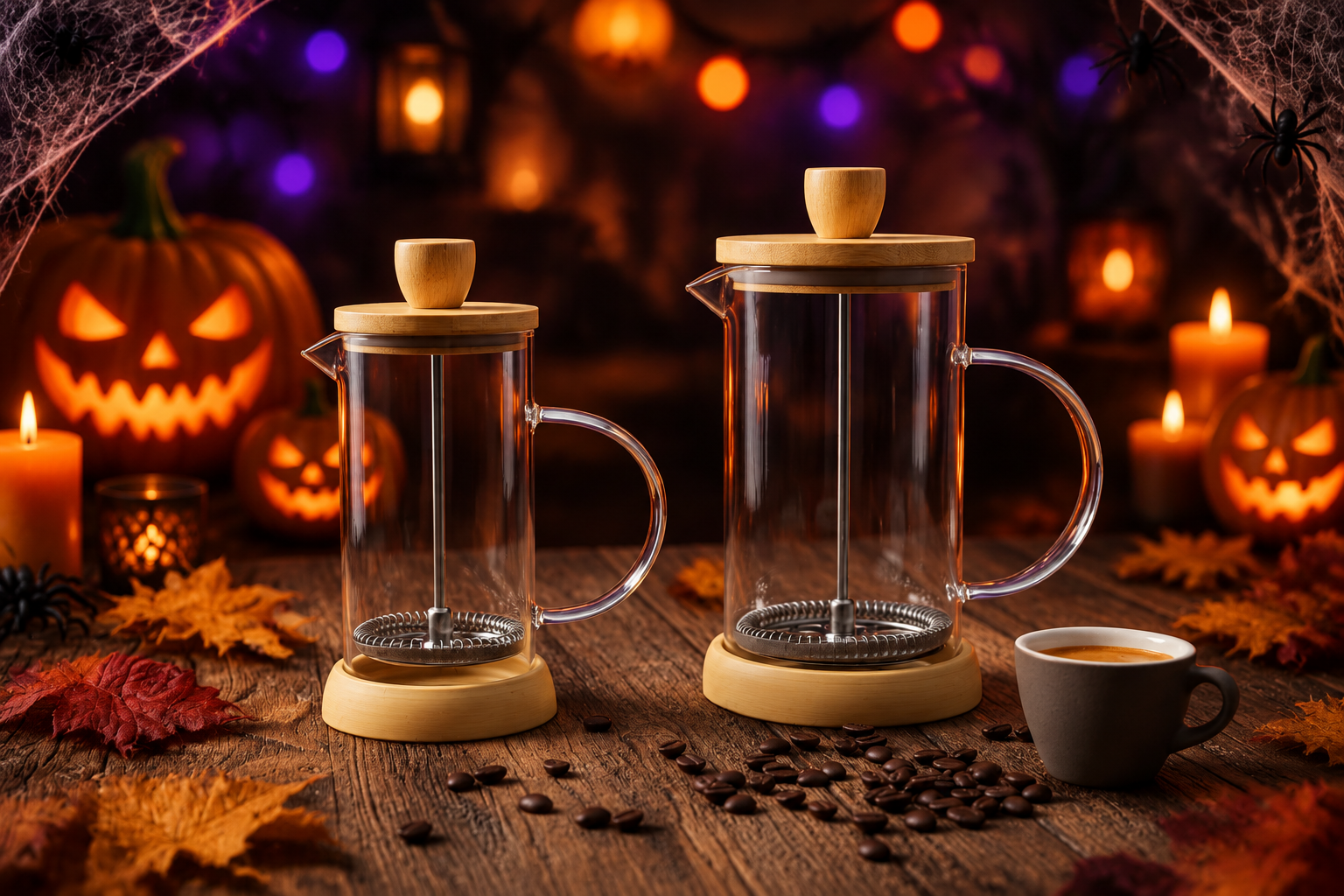 Prensa francesa de vidrio borosilicato con tapa de bambú natural y asa, juego doble