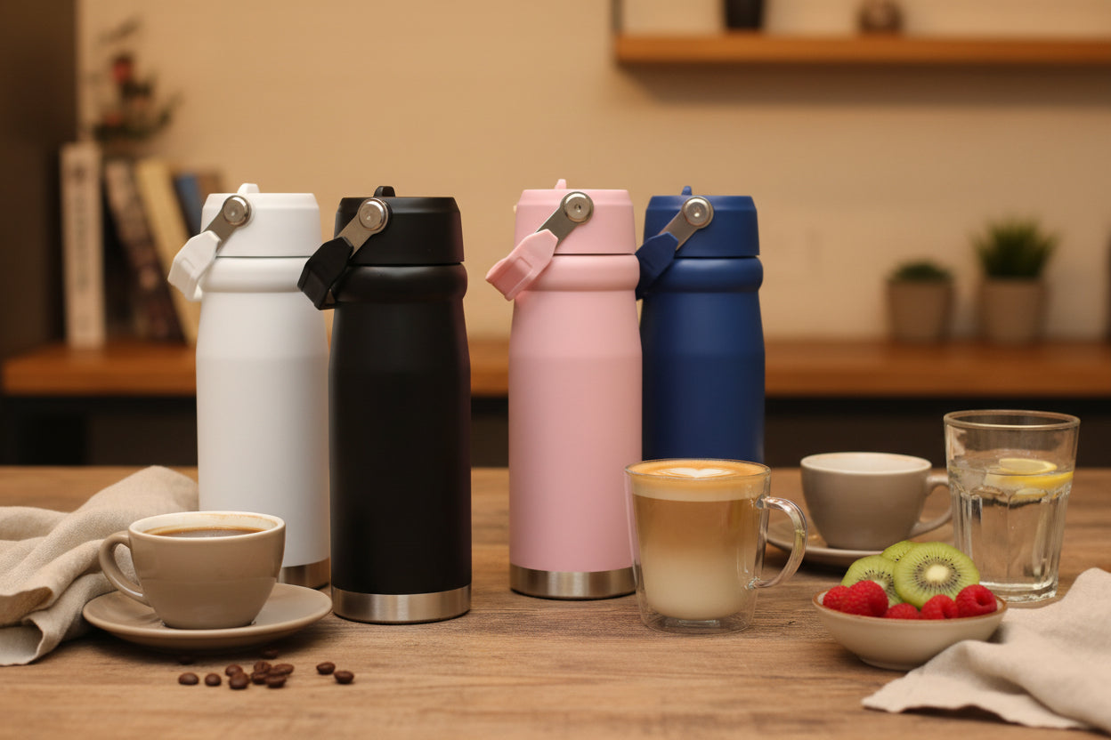 Termo Stay Chill en 4 colores mate: blanco, negro, rosado y azul marino - vista comparativa