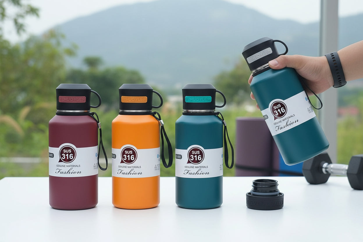 Termo SUS 316 en 5 colores mate: vino, naranja, teal, negro y gris plata - vista comparativa