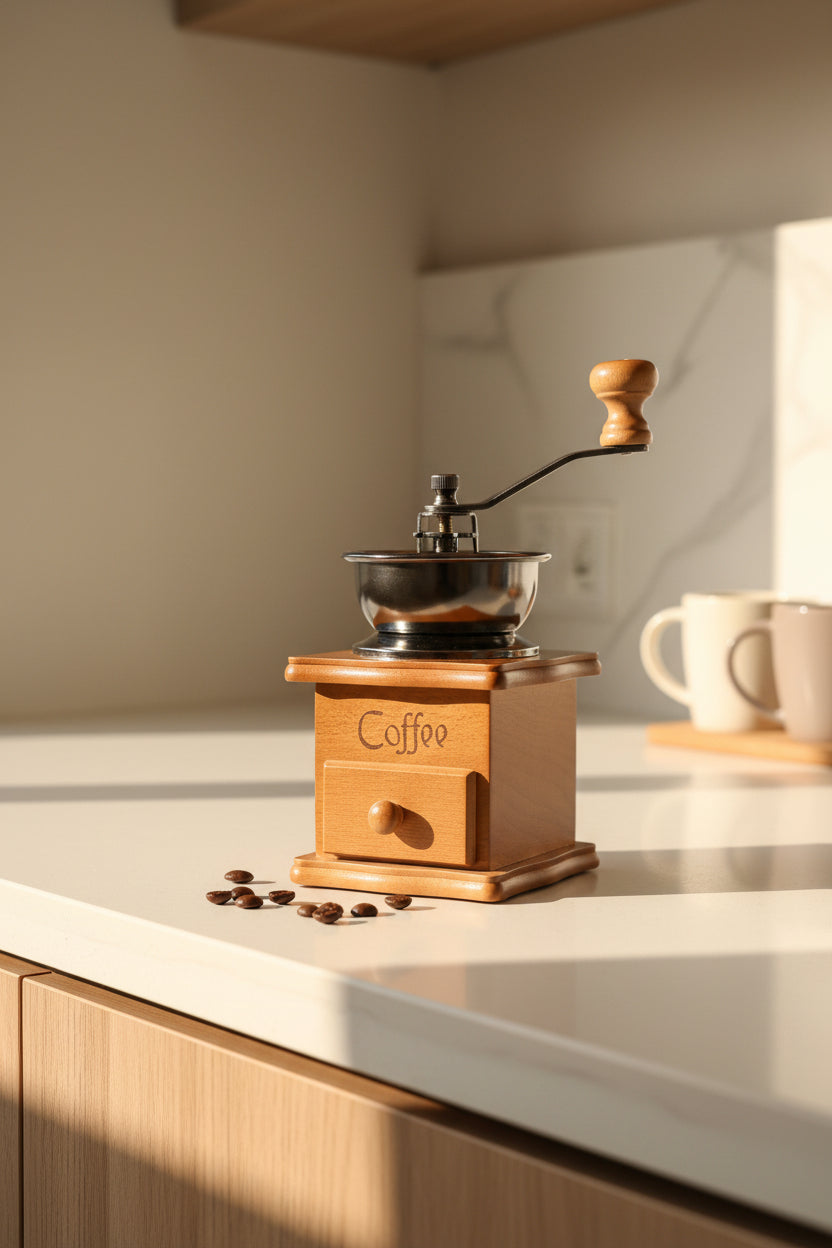 Moledor de Café Manual Vintage | Base Cerámica Blanca y Madera Natural