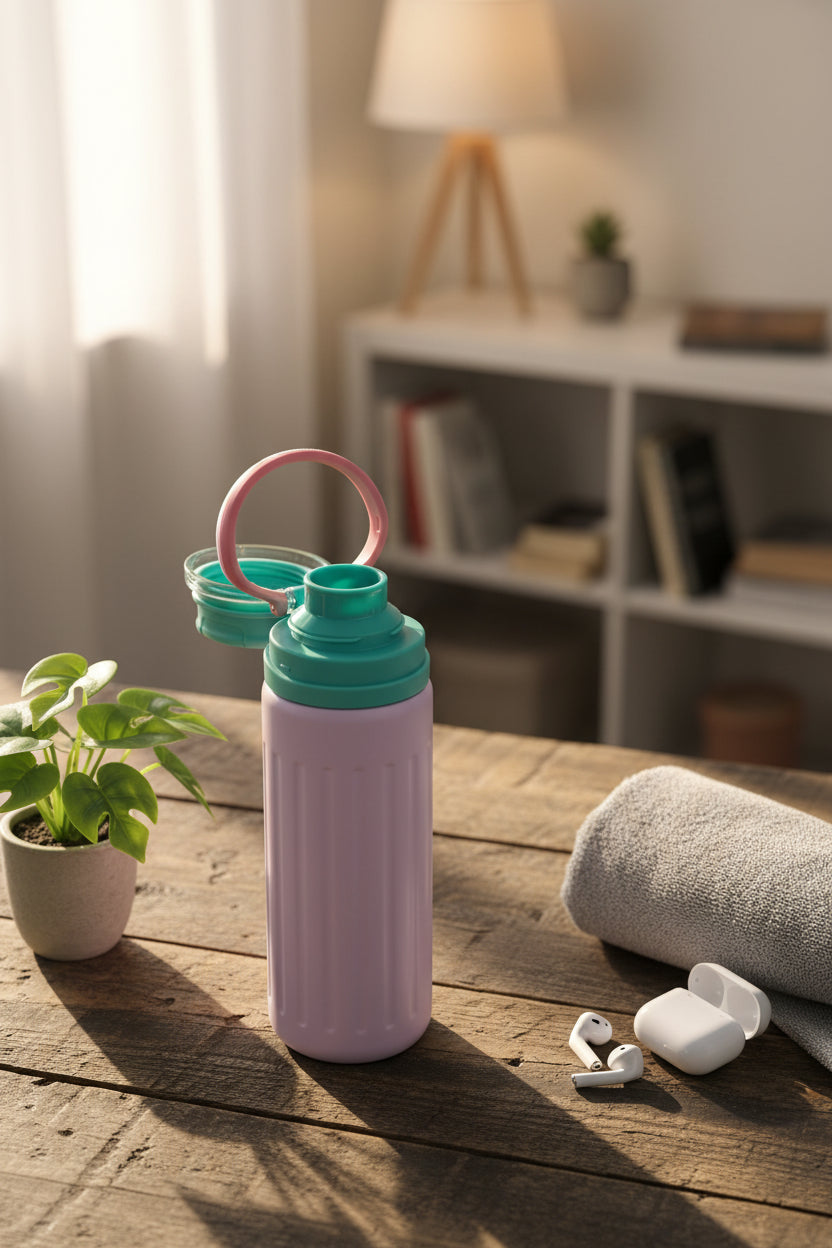 Botella térmica Handle rosada con asa de silicona verde menta - vista lateral con tapa abierta