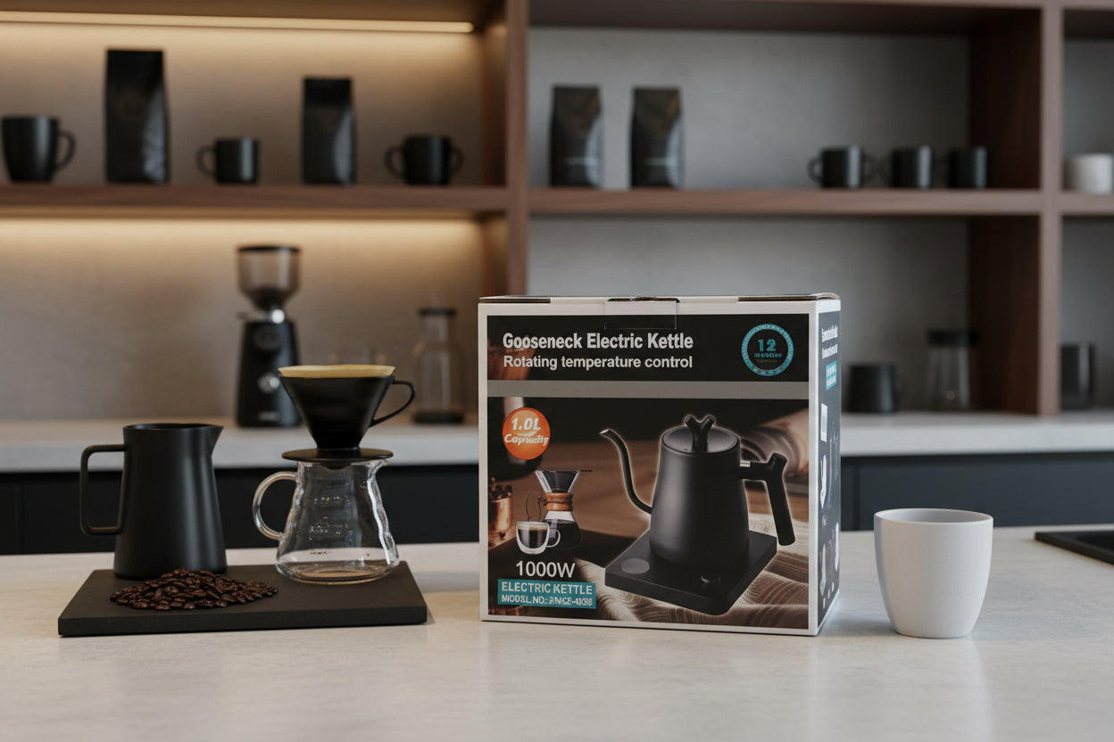 Caja Gooseneck Electric Kettle 1000W garantía 12 meses - vista lateral superior