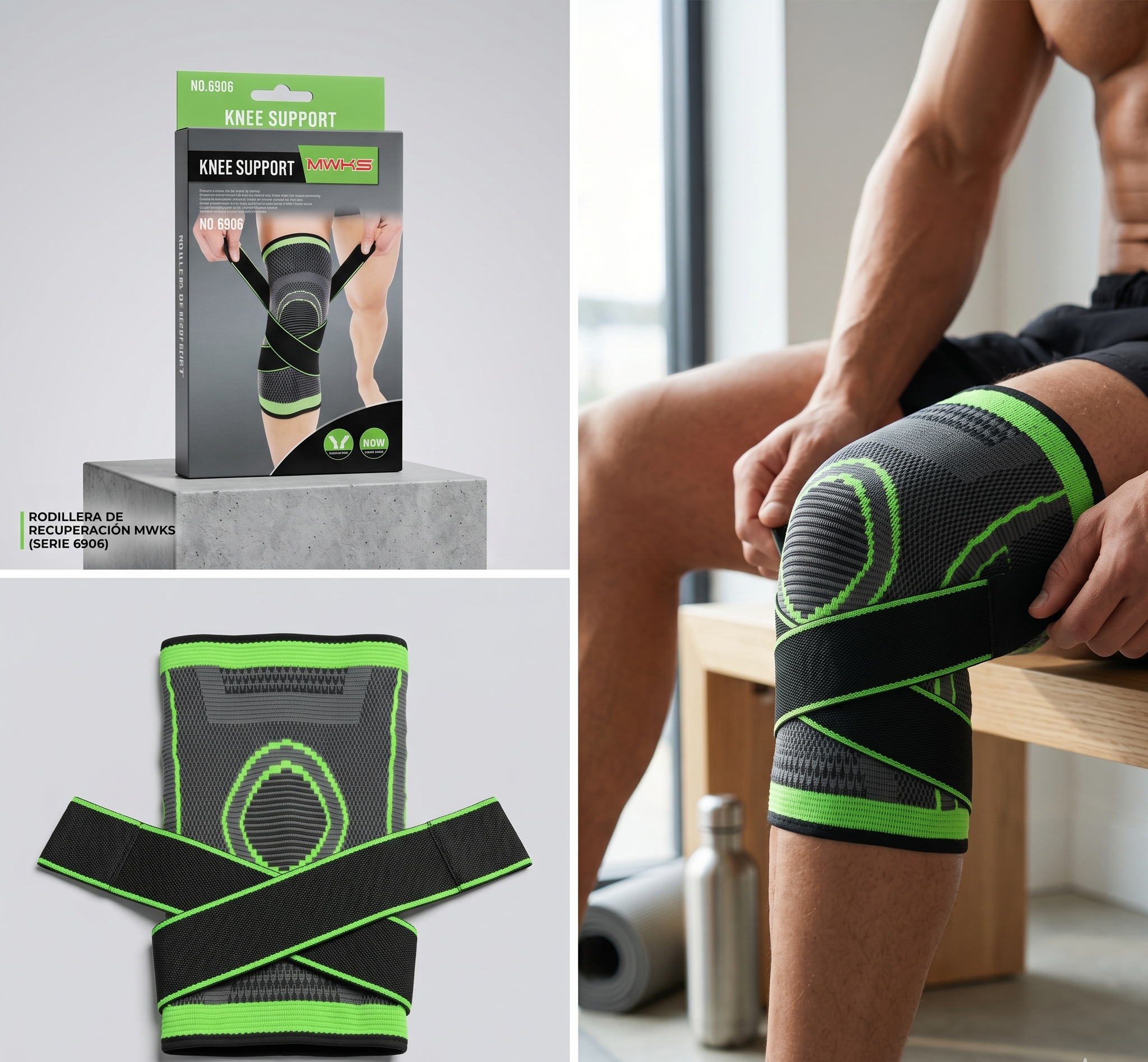 Rodillera de compresión 3D negra con bandas elásticas verdes, ajustada en la rodilla.
