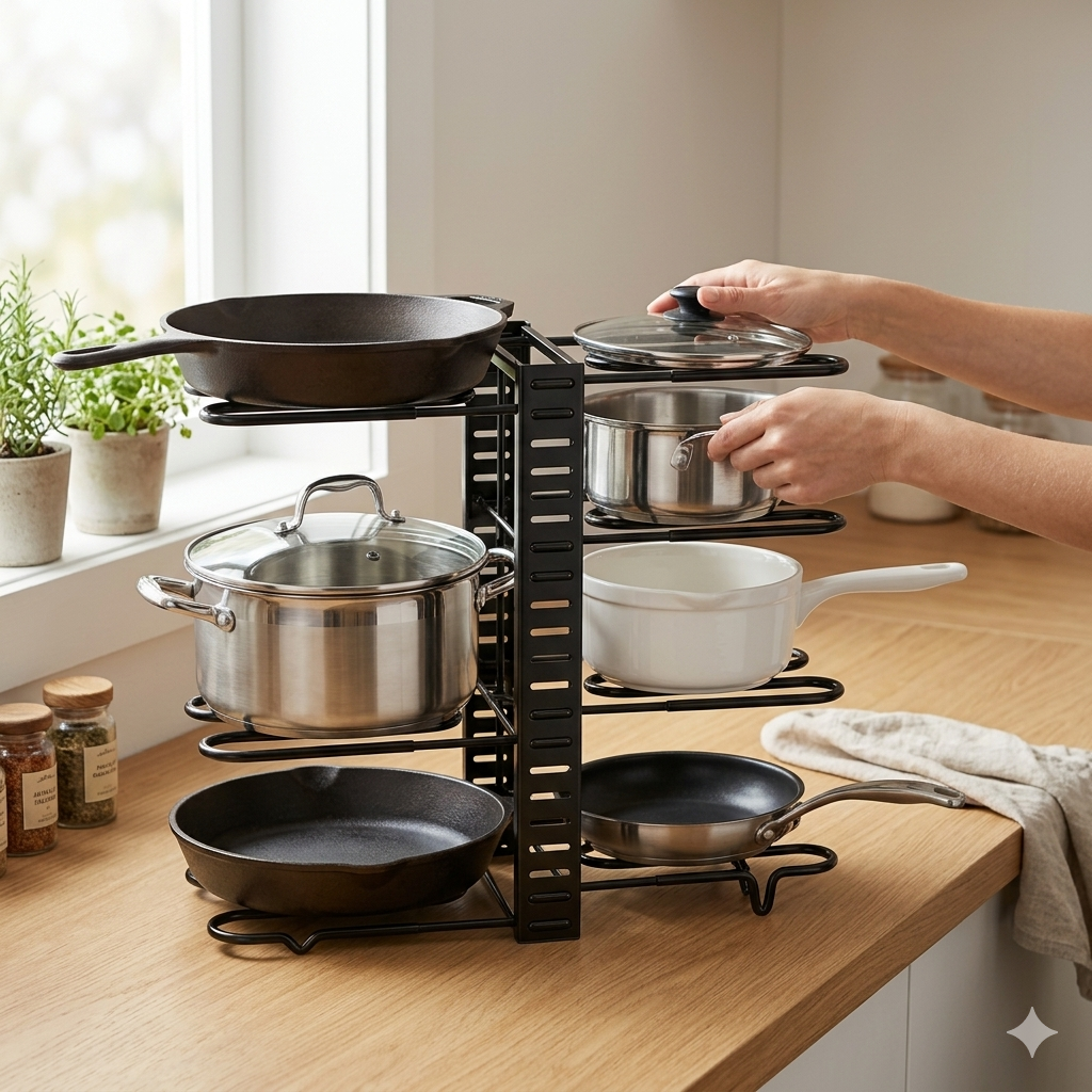 Organizador Vertical de Ollas y Tapas – Rack de 8 Niveles Ajustable para Cocina