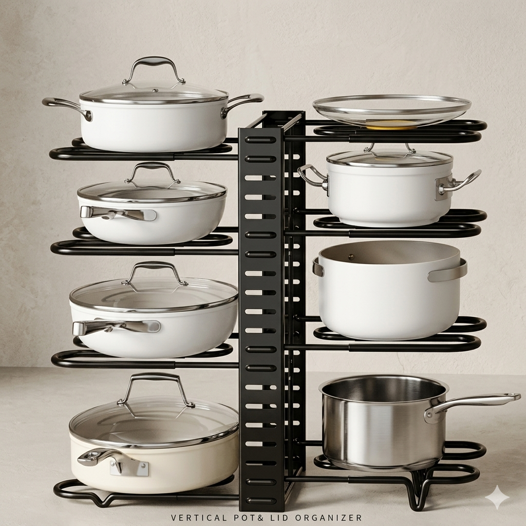Organizador Vertical de Ollas y Tapas – Rack de 8 Niveles Ajustable para Cocina
