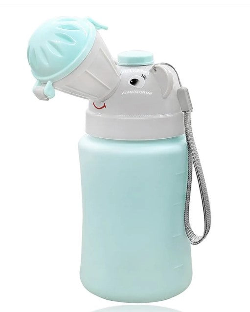 Orinal portátil infantil azul con tapa abatible, asa y correa, para niño