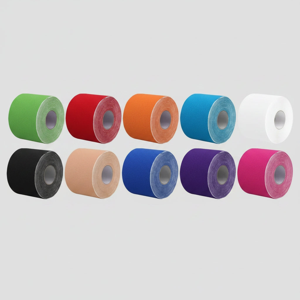 Set de cintas kinesiológicas en rollos de varios colores: verde, rojo, naranja y morado