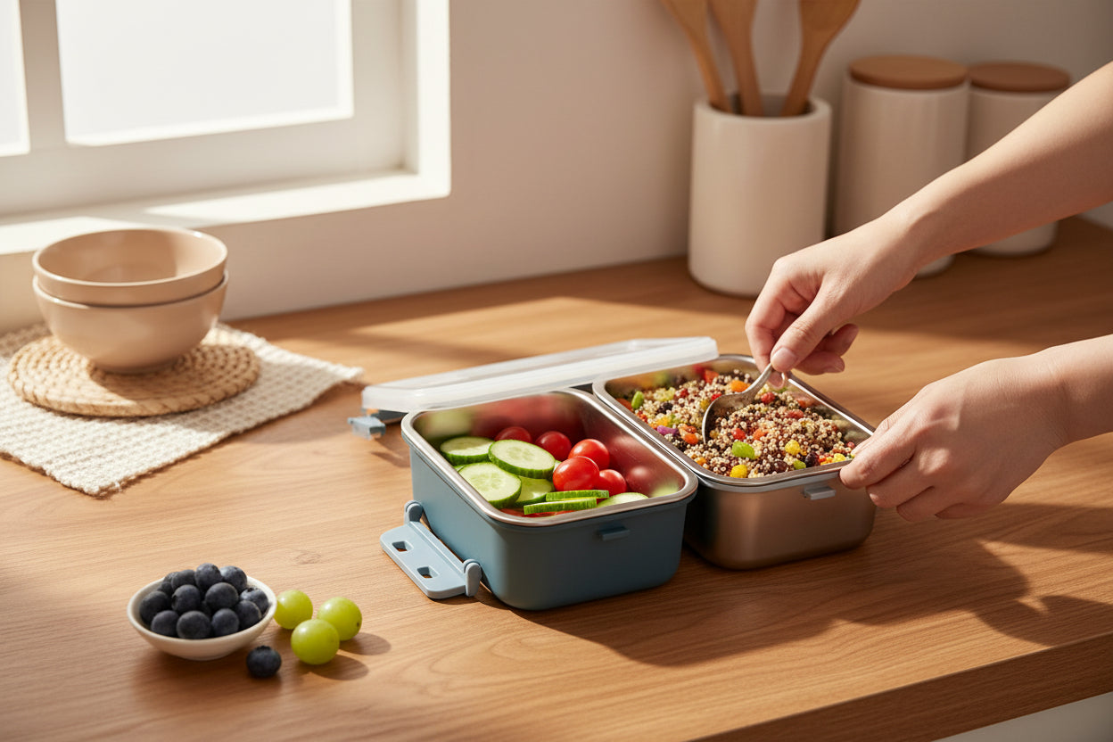 Lonchera Bento Box 2 Niveles: Portacomidas Hermético con Cubiertos (Apto Microondas)