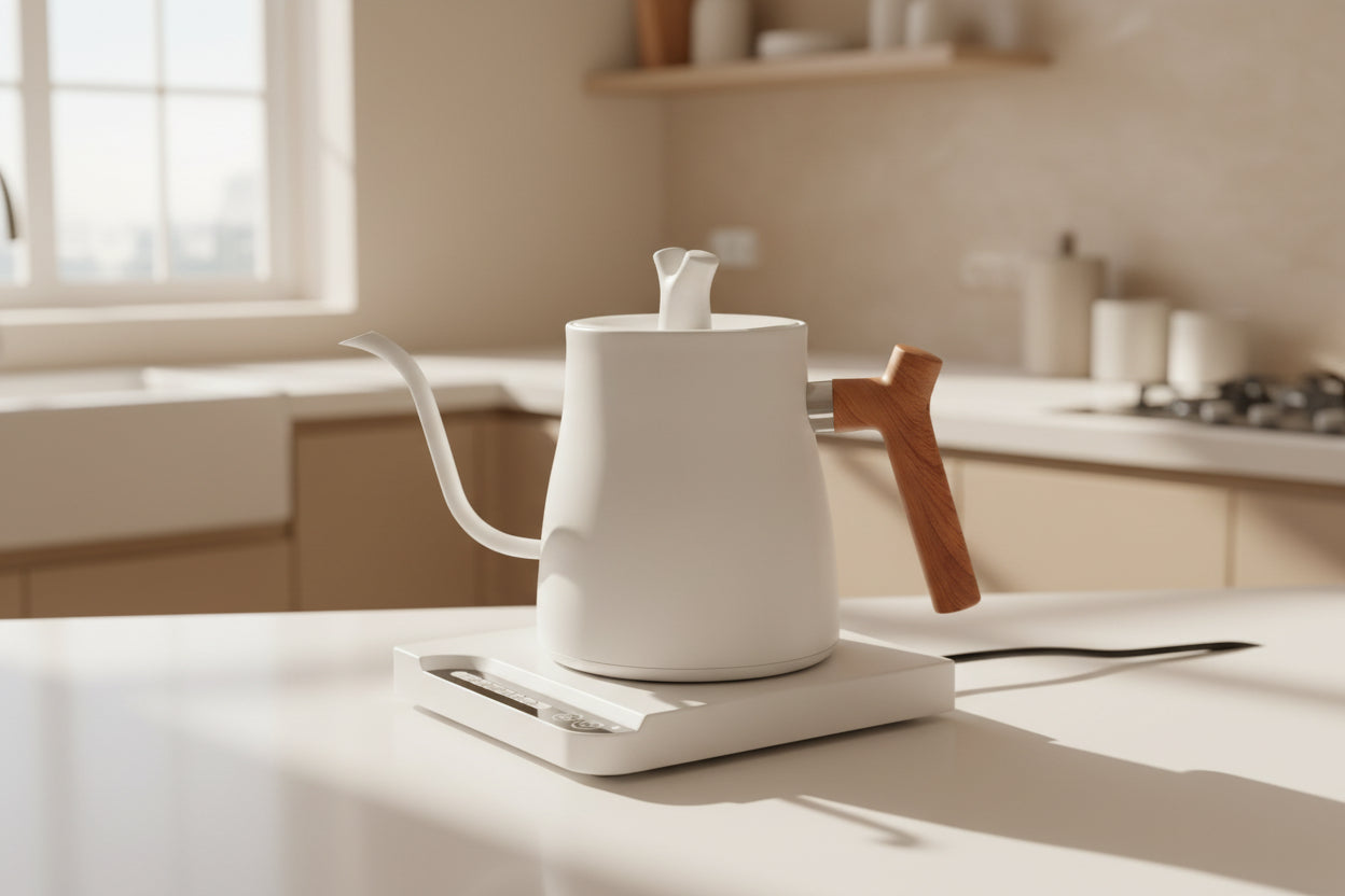 Tetera eléctrica portátil blanca, 1 L, con mango de madera y base