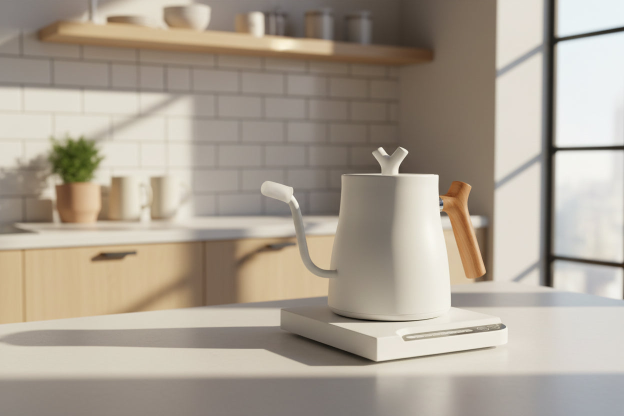 Tetera eléctrica portátil blanca con tapa y pico, mango de madera, base